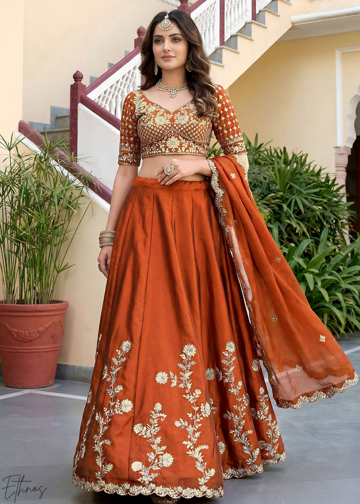 Deep Orange Floret Zari Rangoli Silk Lehenga