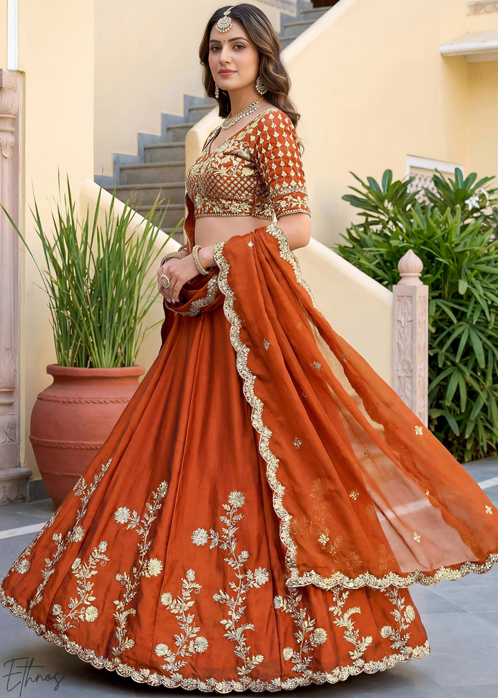 Deep Orange Floret Zari Rangoli Silk Lehenga