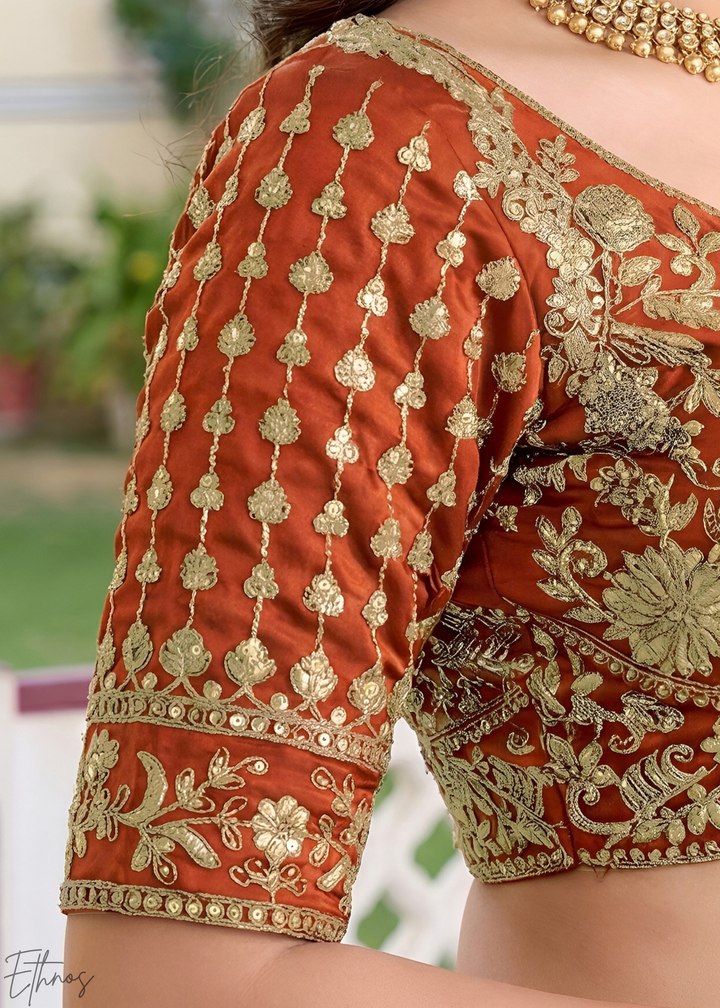 Deep Orange Floret Zari Rangoli Silk Lehenga