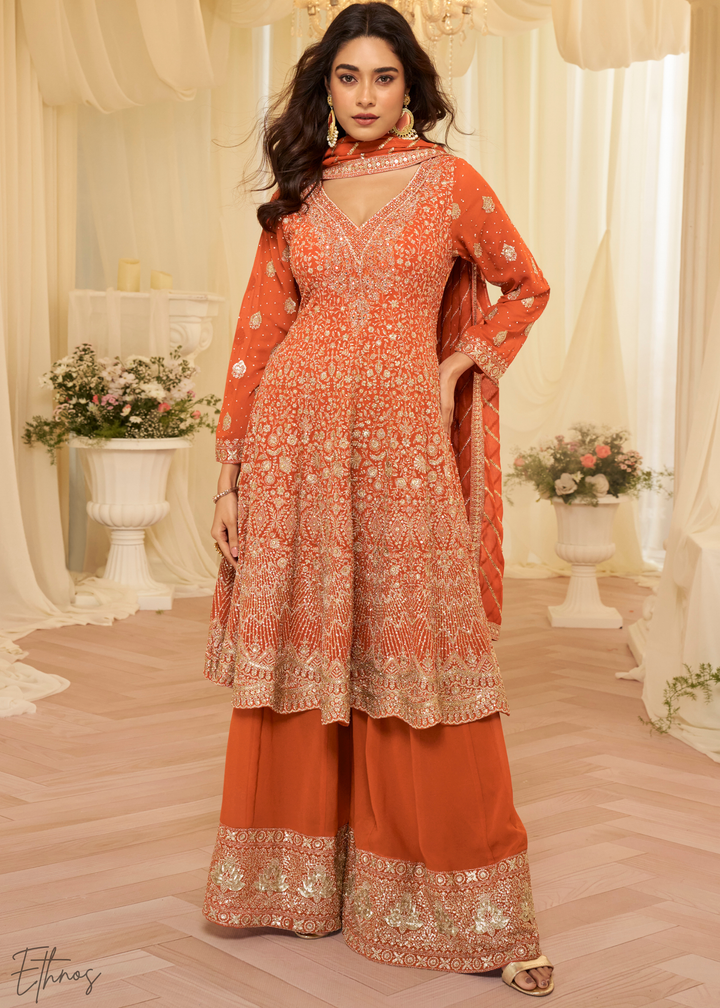 Orange Georgette Anarkali Palazzo Suit