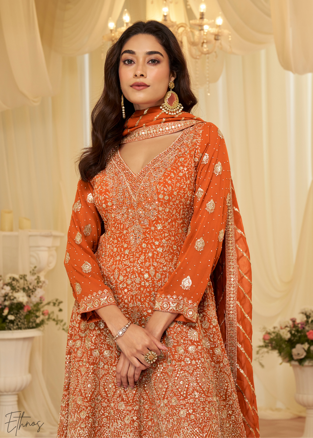 Orange Georgette Anarkali Palazzo Suit