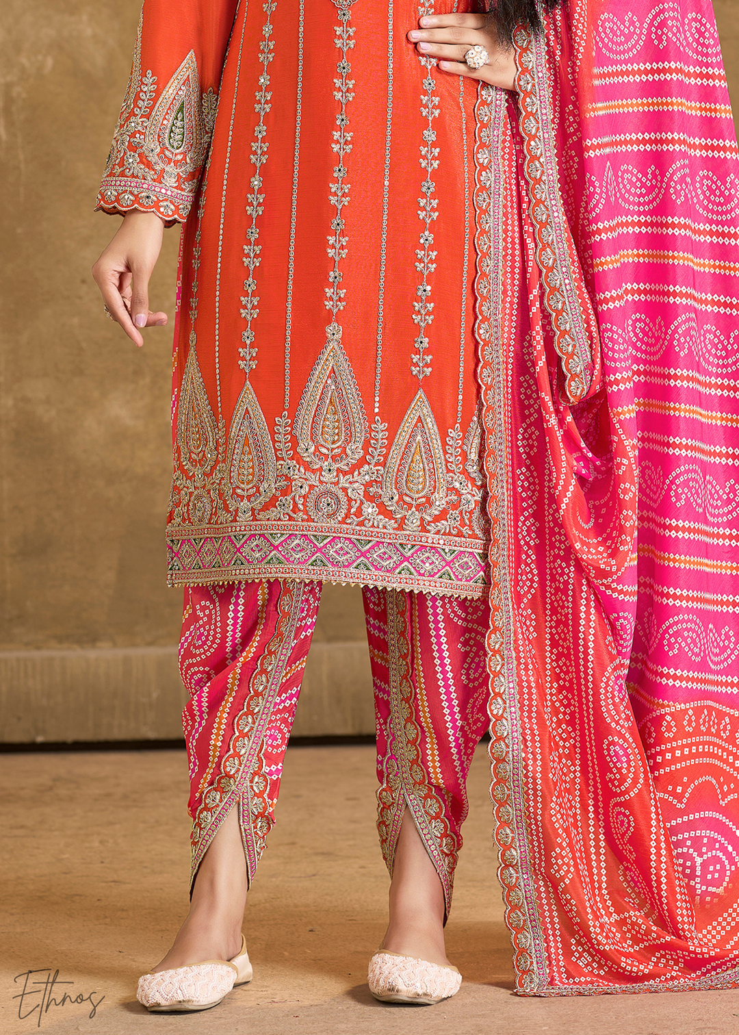 Orange Glaze Printed Chinon Dhoti Suit
