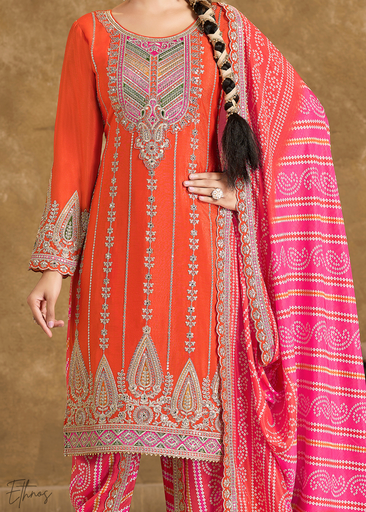 Orange Glaze Printed Chinon Dhoti Suit