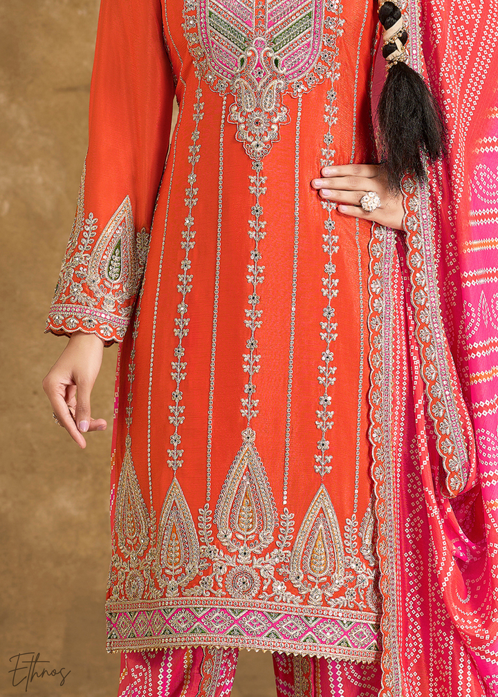 Orange Glaze Printed Chinon Dhoti Suit