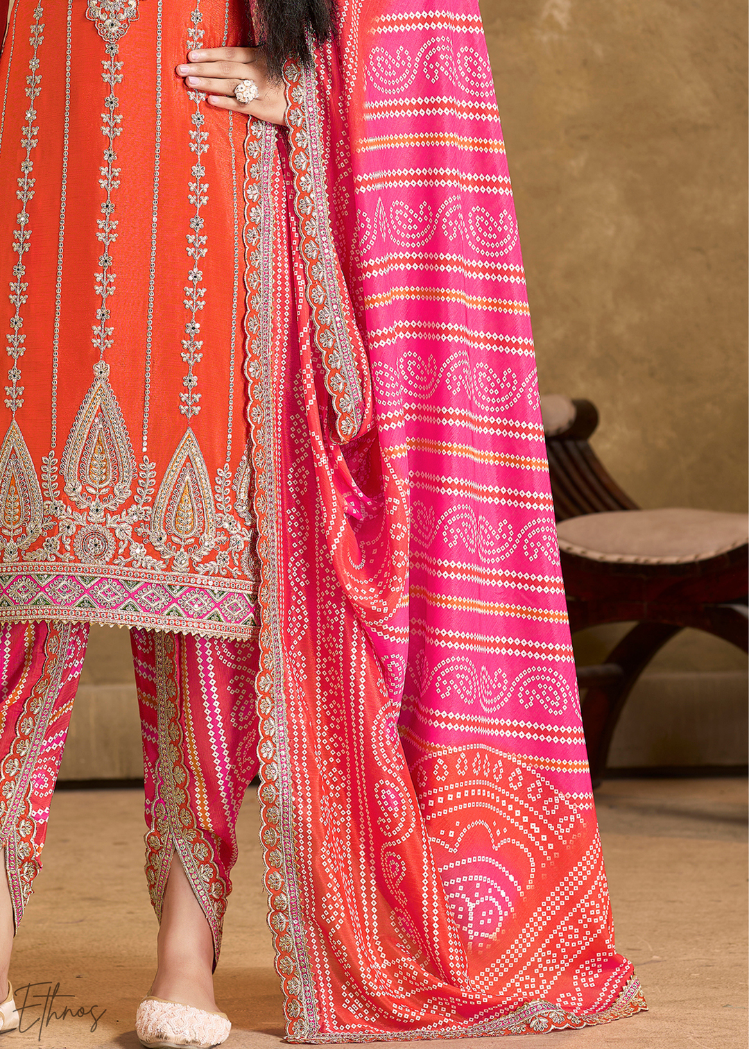 Orange Glaze Printed Chinon Dhoti Suit
