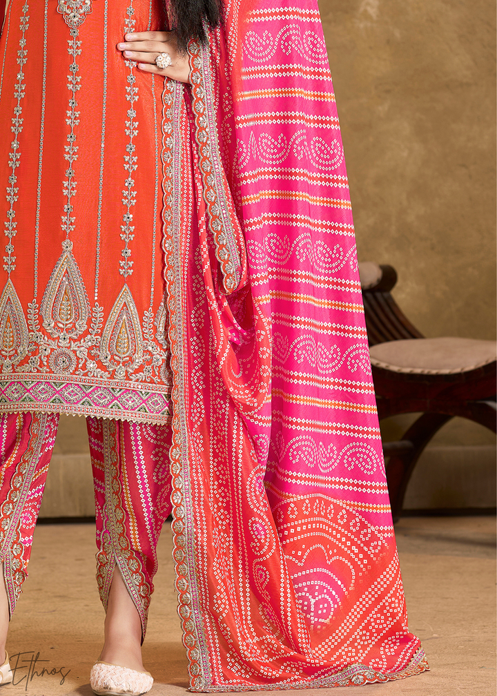 Orange Glaze Printed Chinon Dhoti Suit