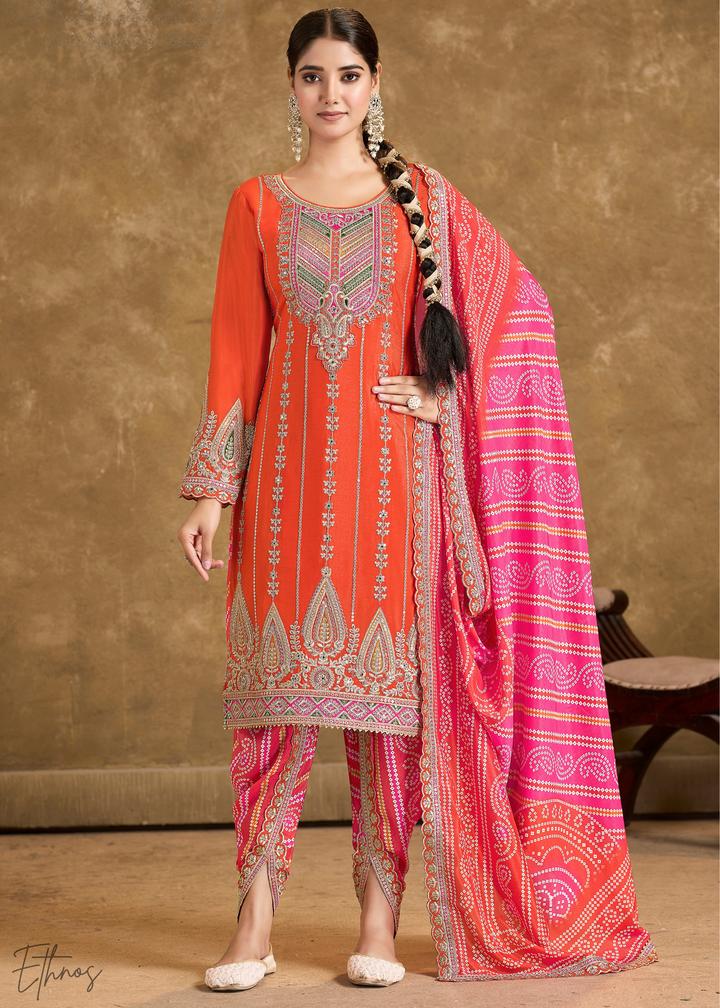 Orange Glaze Printed Chinon Dhoti Suit