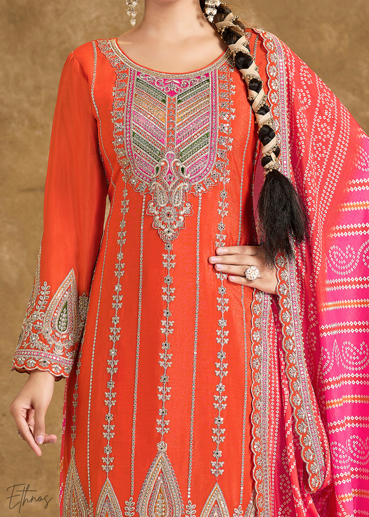 Orange Glaze Printed Chinon Dhoti Suit