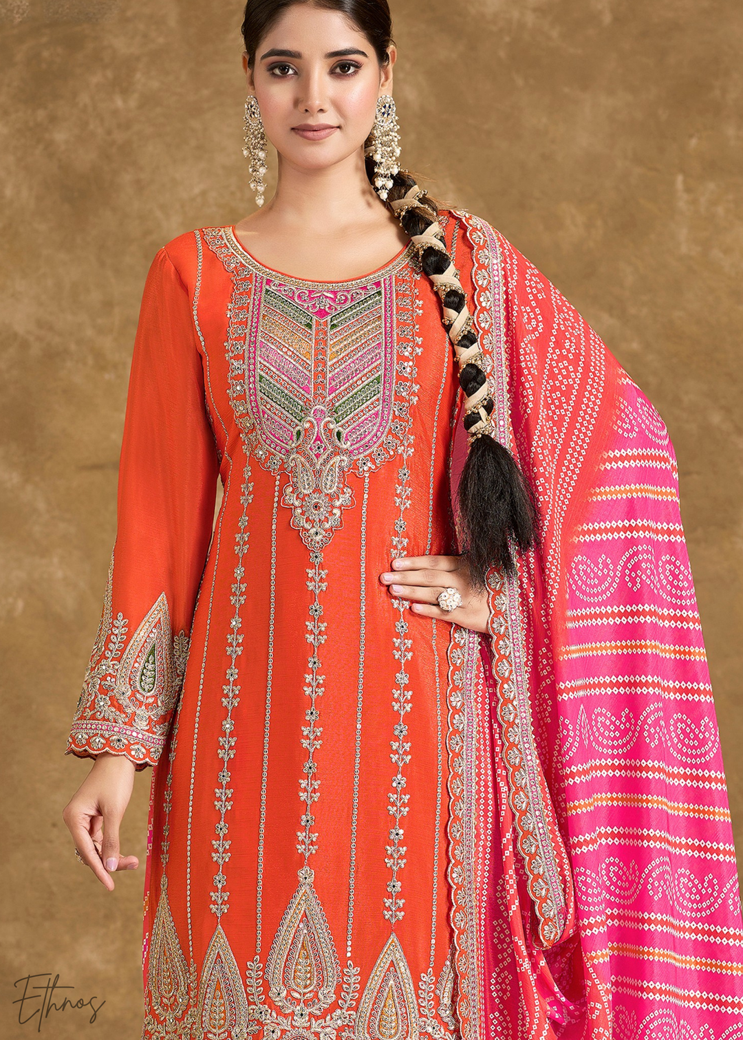 Orange Glaze Printed Chinon Dhoti Suit