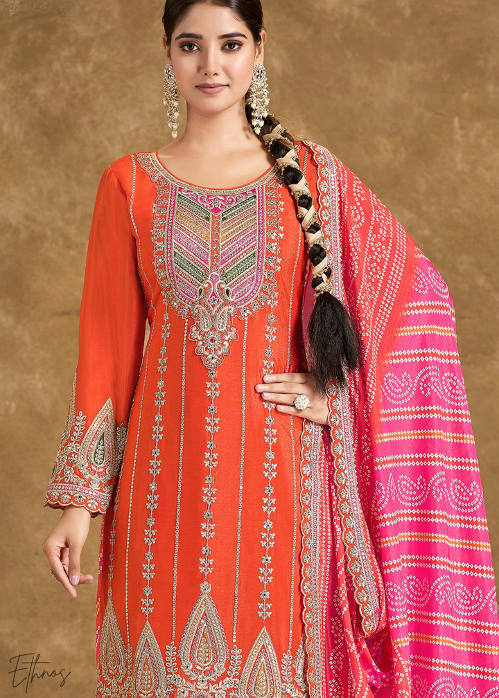 Orange Glaze Printed Chinon Dhoti Suit