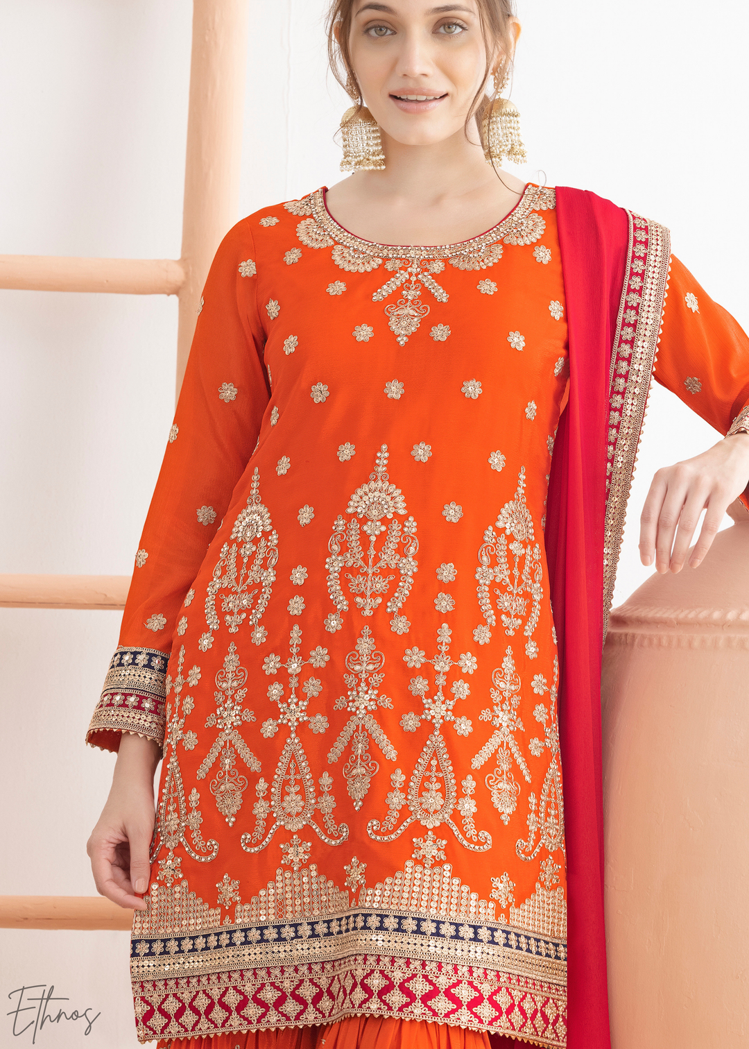 Orange Multi-Color Embroidered Chinon Sharara Suit
