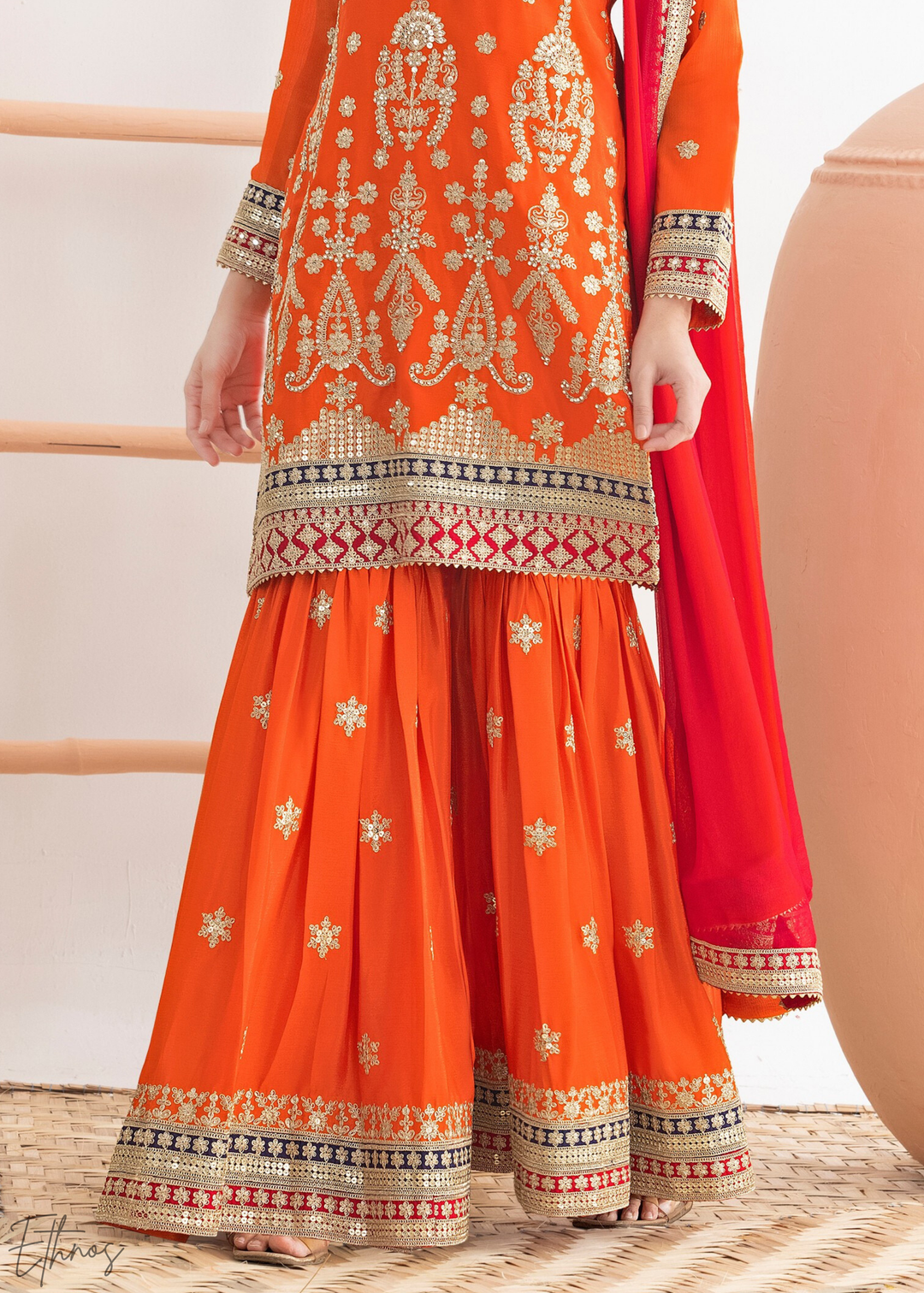 Orange Multi-Color Embroidered Chinon Sharara Suit