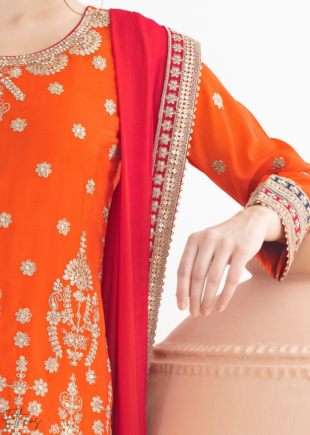 Orange Multi-Color Embroidered Chinon Sharara Suit