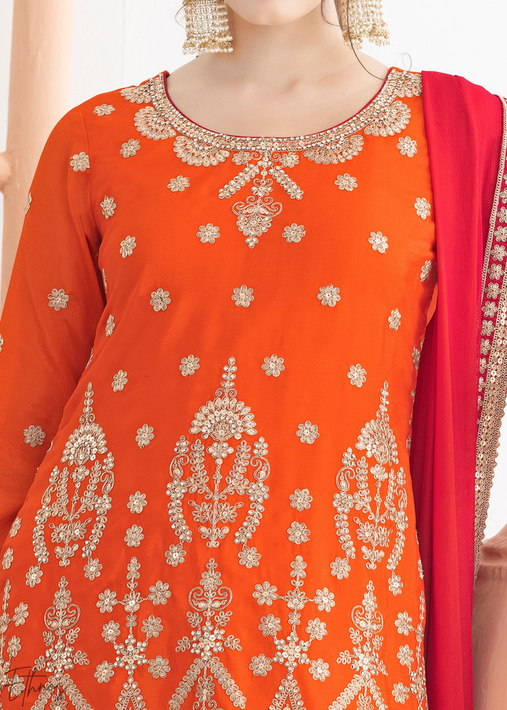 Orange Multi-Color Embroidered Chinon Sharara Suit