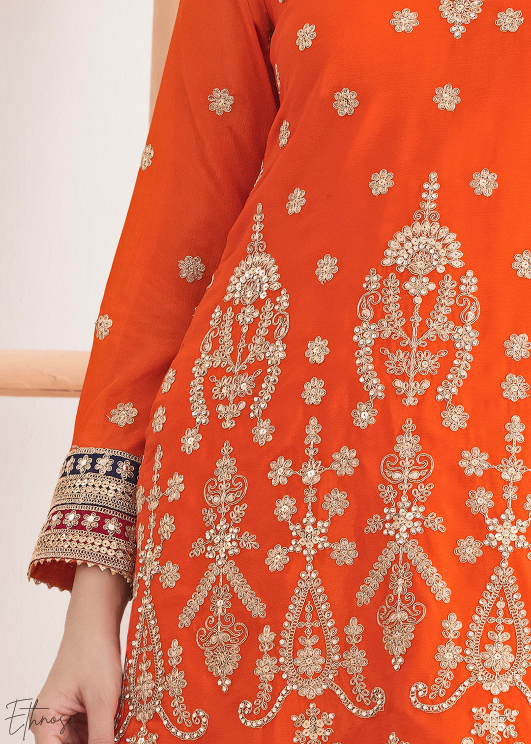 Orange Multi-Color Embroidered Chinon Sharara Suit