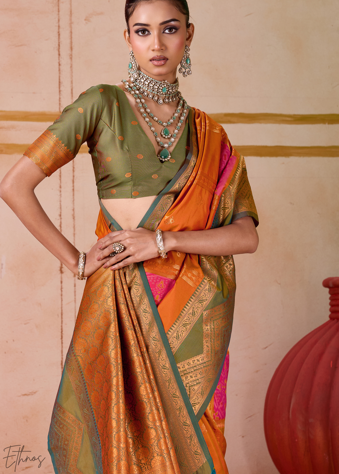 Orange Pochampally Silk Saree