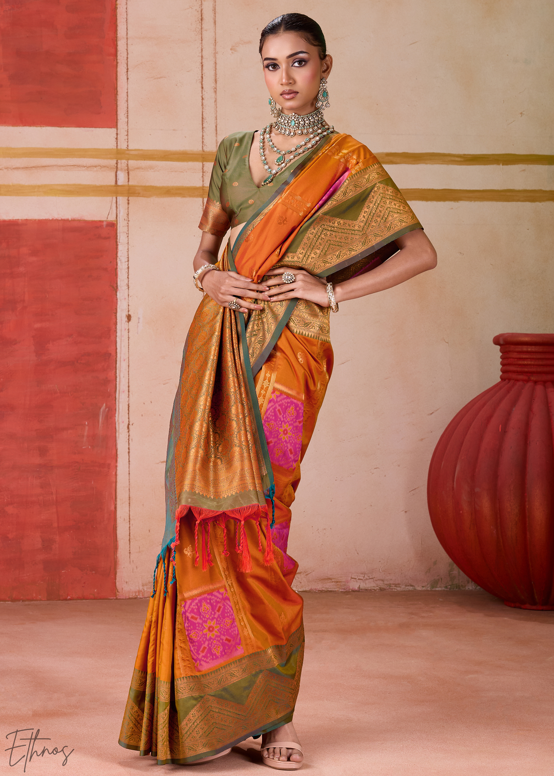 Orange Pochampally Silk Saree
