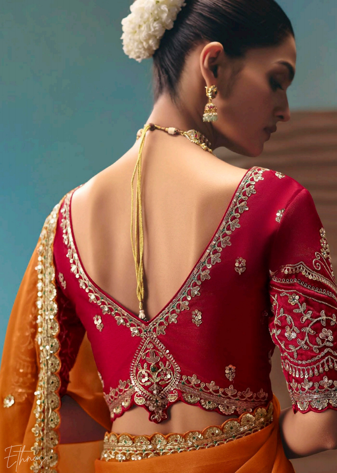 Orange Sequins Organza Saree