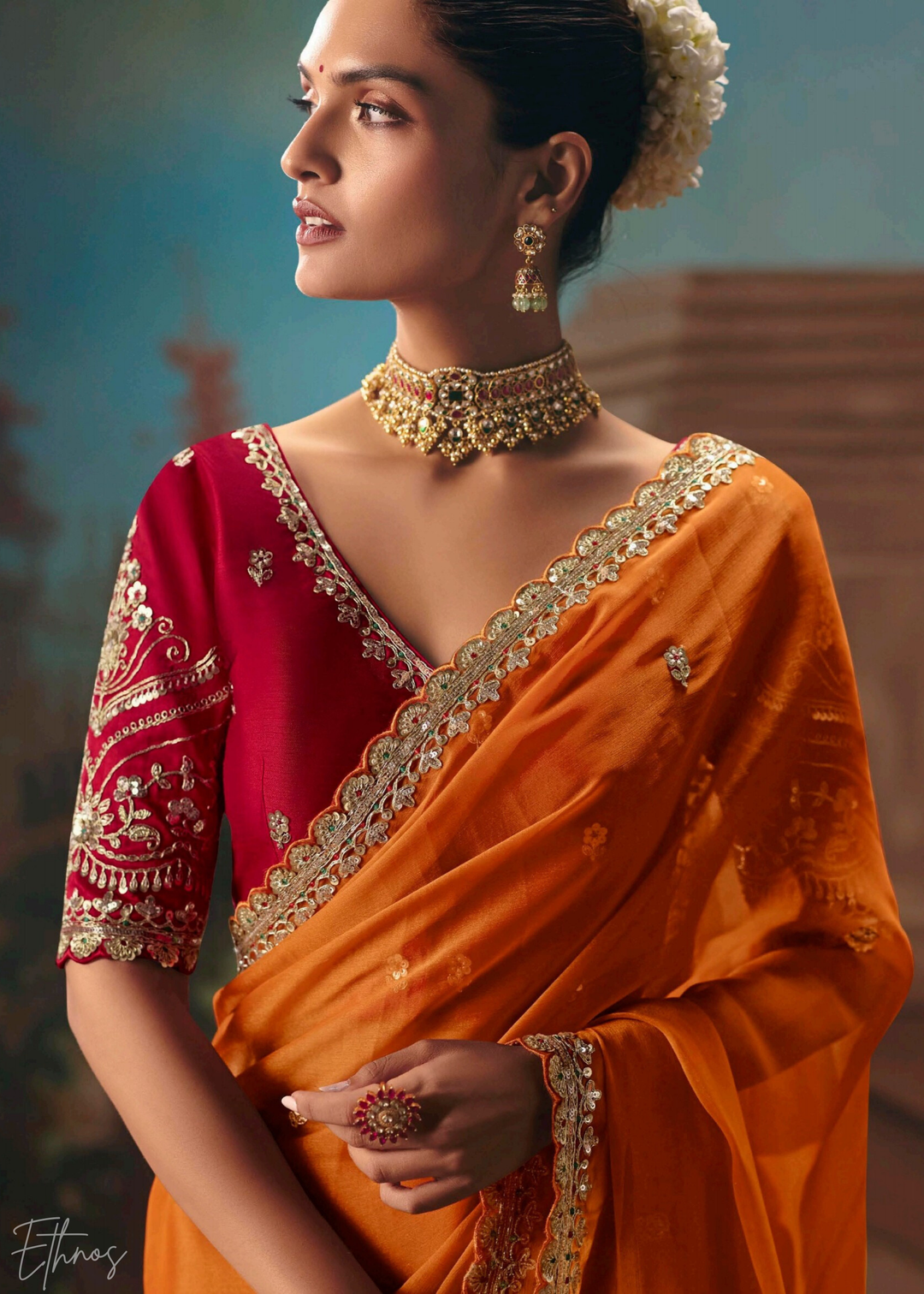 Orange Sequins Organza Saree