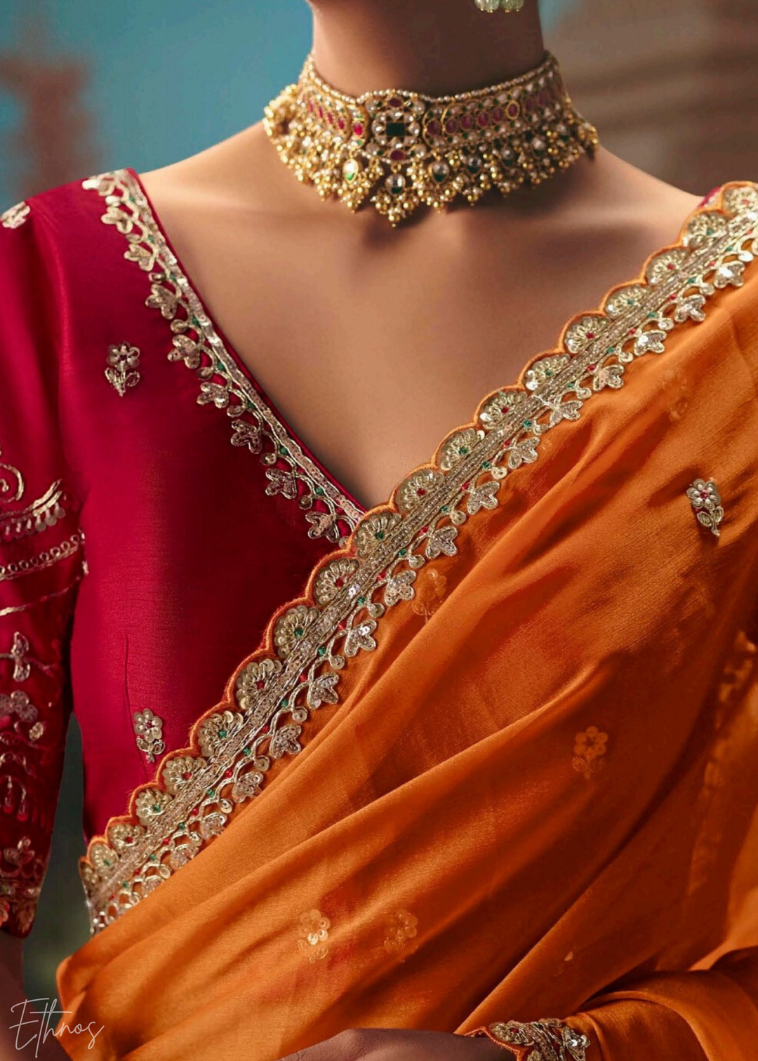 Orange Sequins Organza Saree