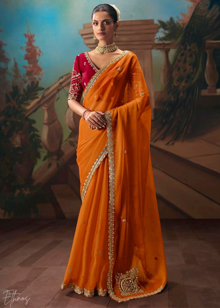 Orange Sequins Organza Saree