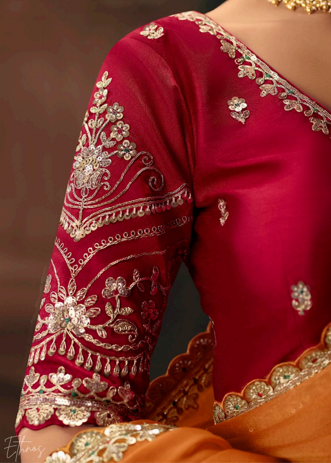 Orange Sequins Organza Saree