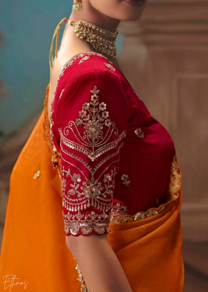 Orange Sequins Organza Saree