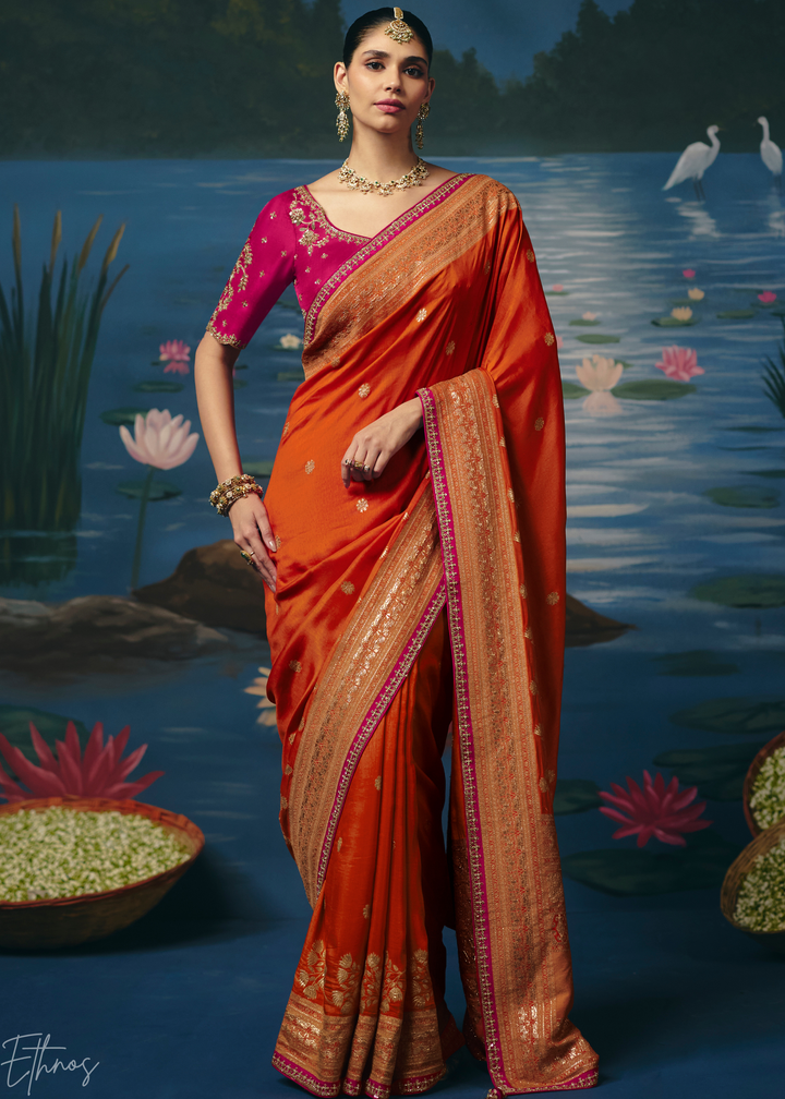 Orange Traditional Zari Woven Border Dola Silk Saree