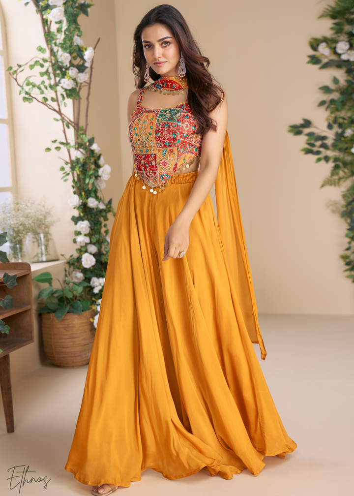 Orange Chinon Silk Palazzo Choli Suit