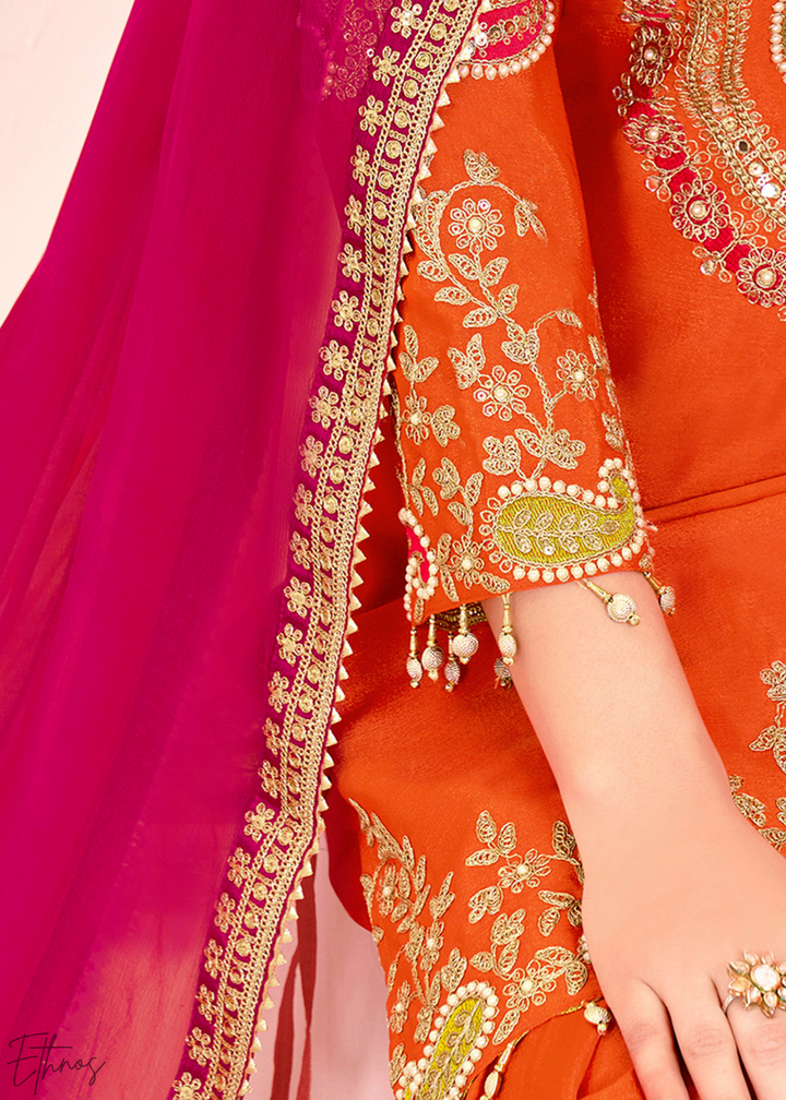 Orange Embroidered Chinon Palazzo Suit