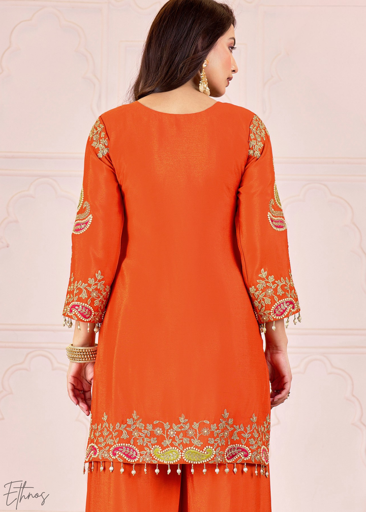 Orange Embroidered Chinon Palazzo Suit