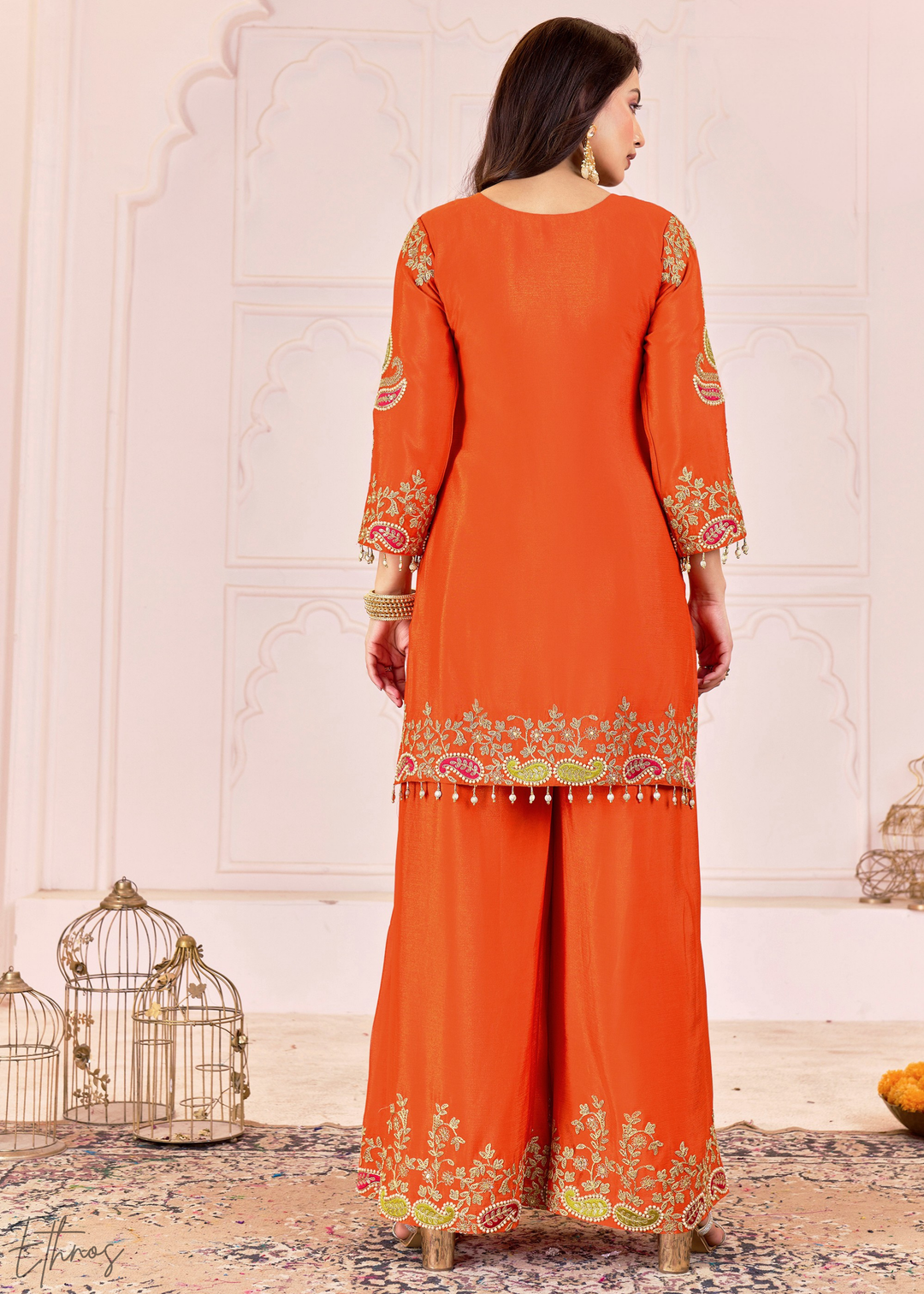 Orange Embroidered Chinon Palazzo Suit
