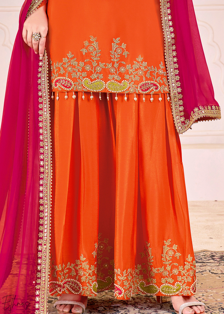 Orange Embroidered Chinon Palazzo Suit