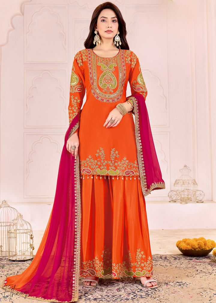 Orange Embroidered Chinon Palazzo Suit