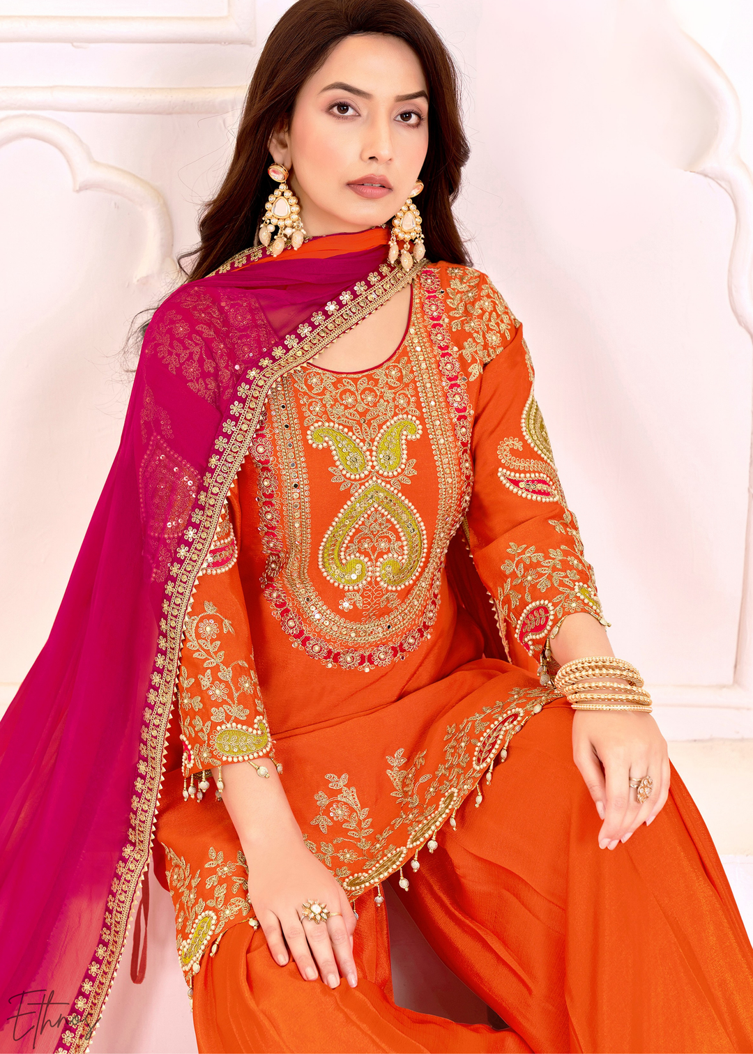 Orange Embroidered Chinon Palazzo Suit