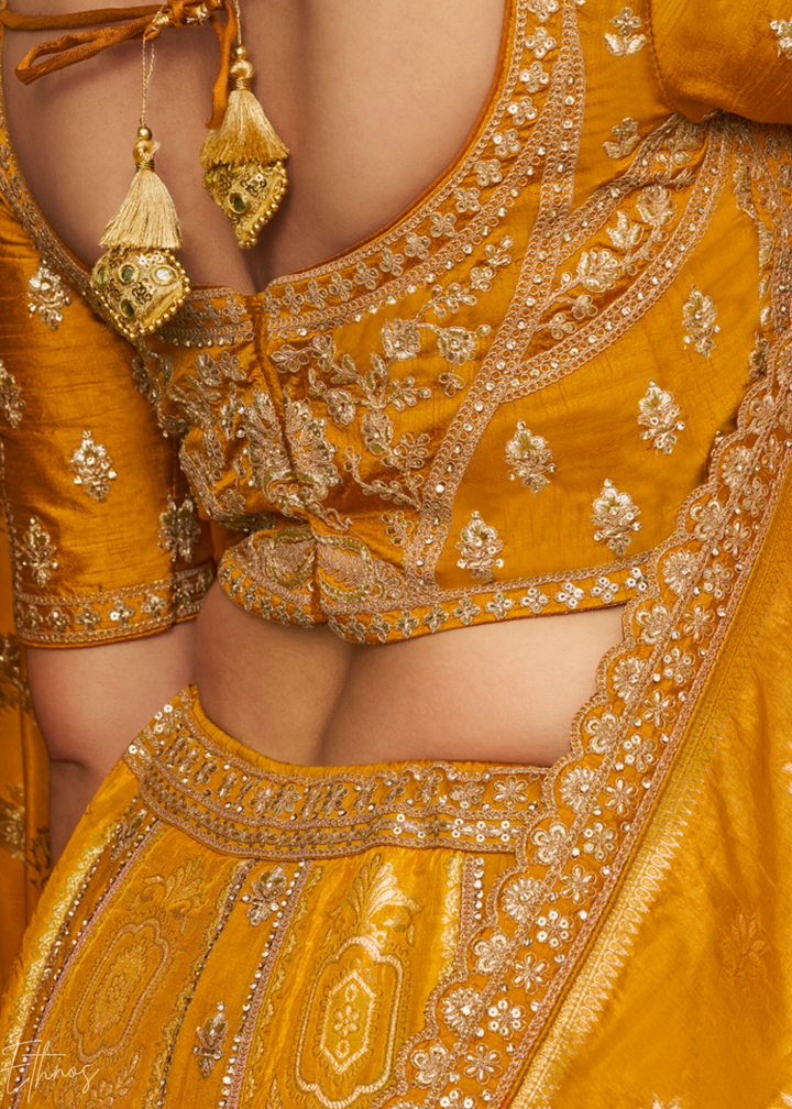 Orange Zari Embroidered  Banarasi Silk Lehenga