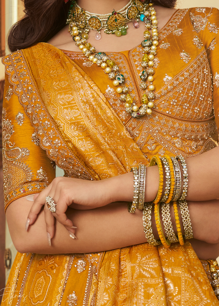 Orange Zari Embroidered  Banarasi Silk Lehenga