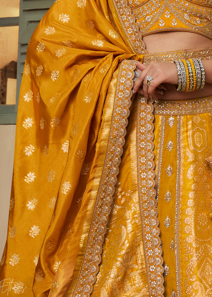 Orange Zari Embroidered  Banarasi Silk Lehenga