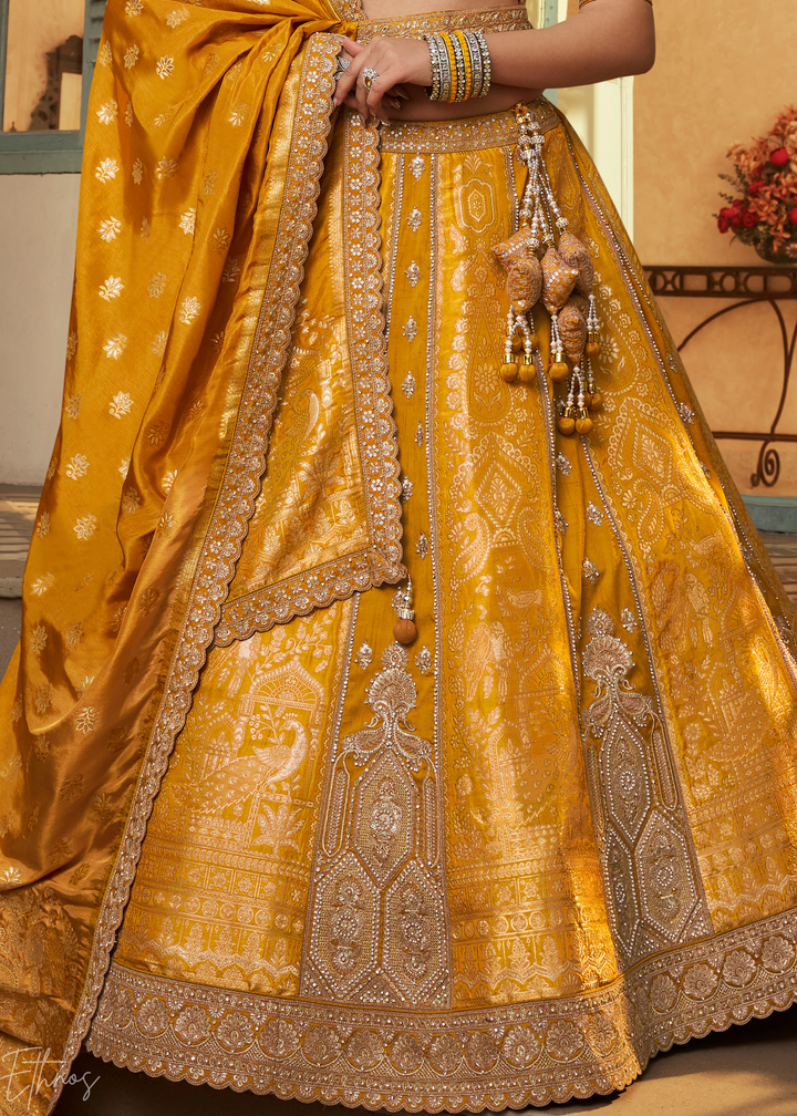 Orange Zari Embroidered  Banarasi Silk Lehenga
