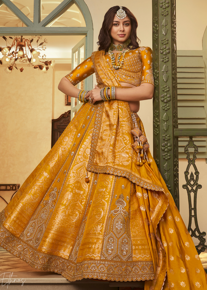 Orange Zari Embroidered  Banarasi Silk Lehenga