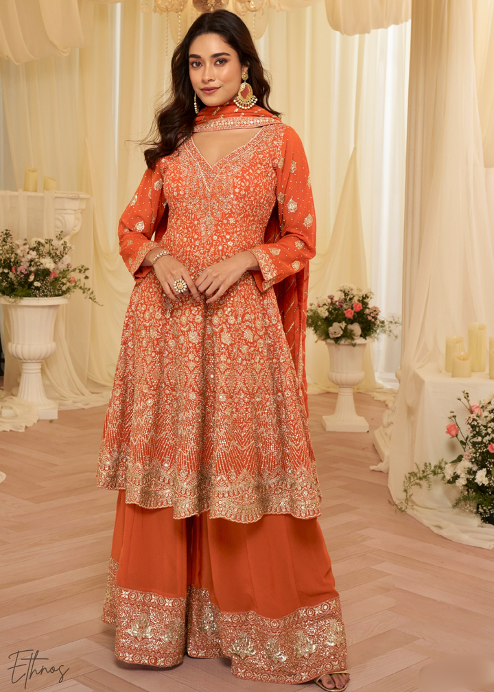 Orange Georgette Anarkali Palazzo Suit