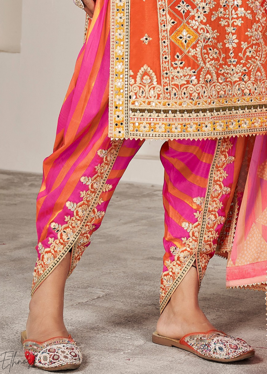 Orange & Pink Glaze Printed Chinon Dhoti Suit
