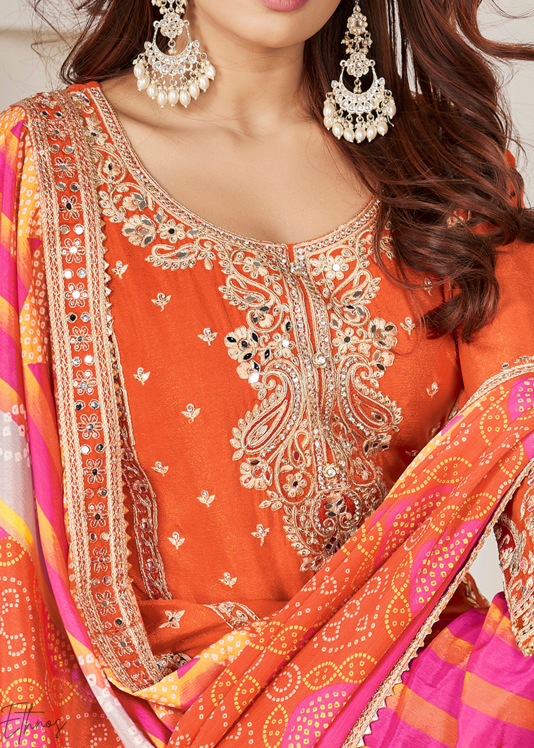 Orange & Pink Glaze Printed Chinon Dhoti Suit