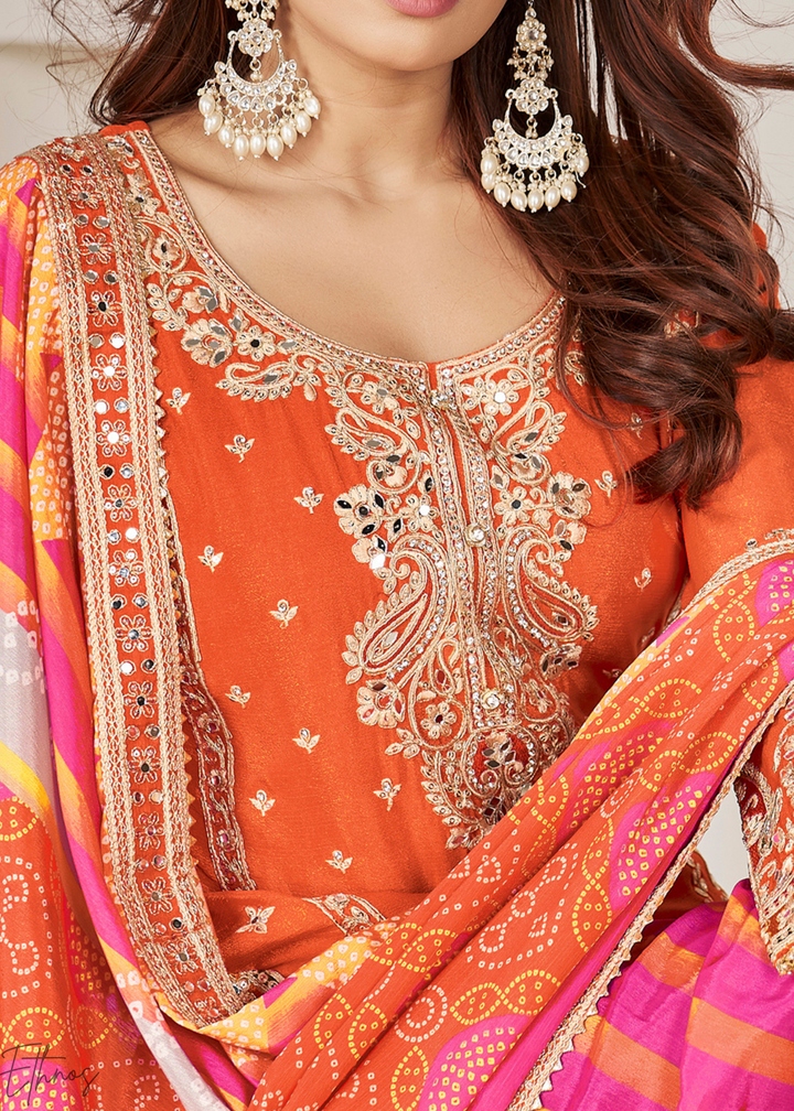 Orange & Pink Glaze Printed Chinon Dhoti Suit