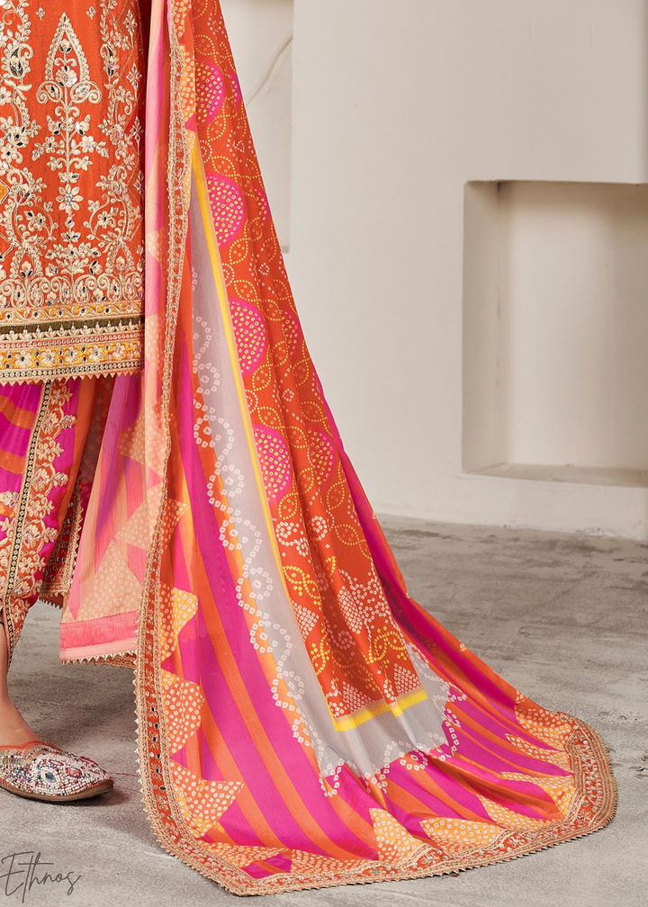 Orange & Pink Glaze Printed Chinon Dhoti Suit