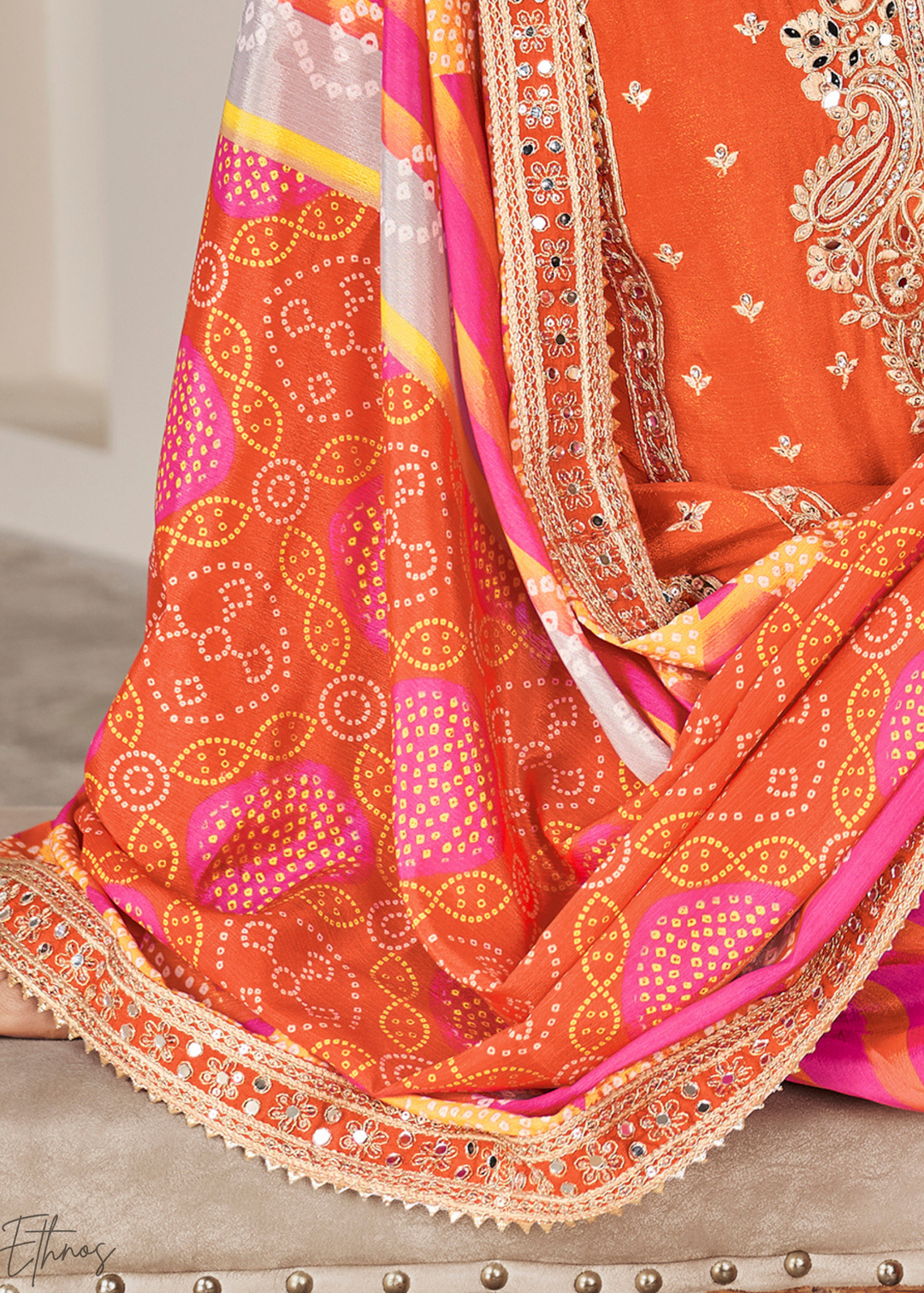 Orange & Pink Glaze Printed Chinon Dhoti Suit
