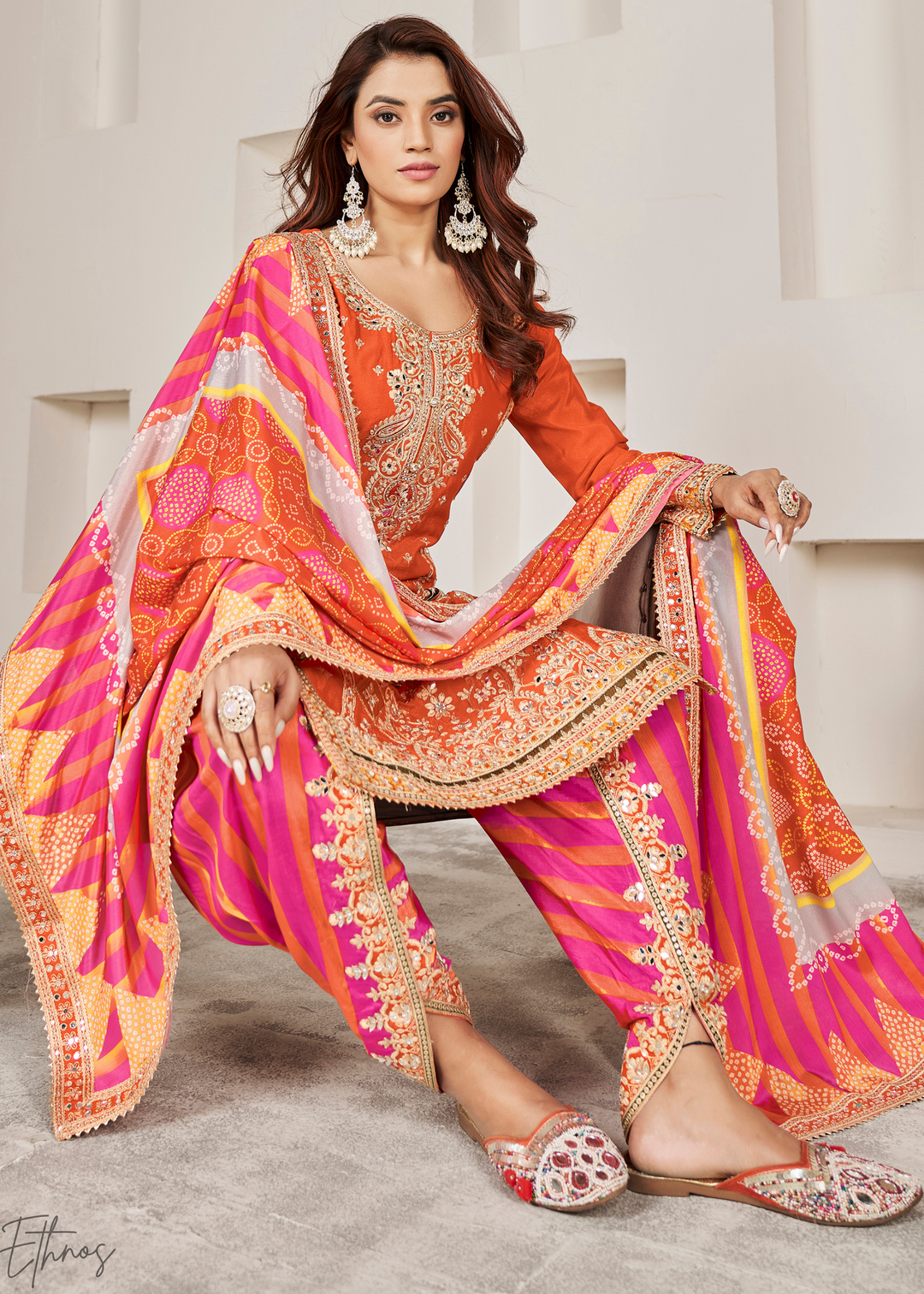 Orange & Pink Glaze Printed Chinon Dhoti Suit
