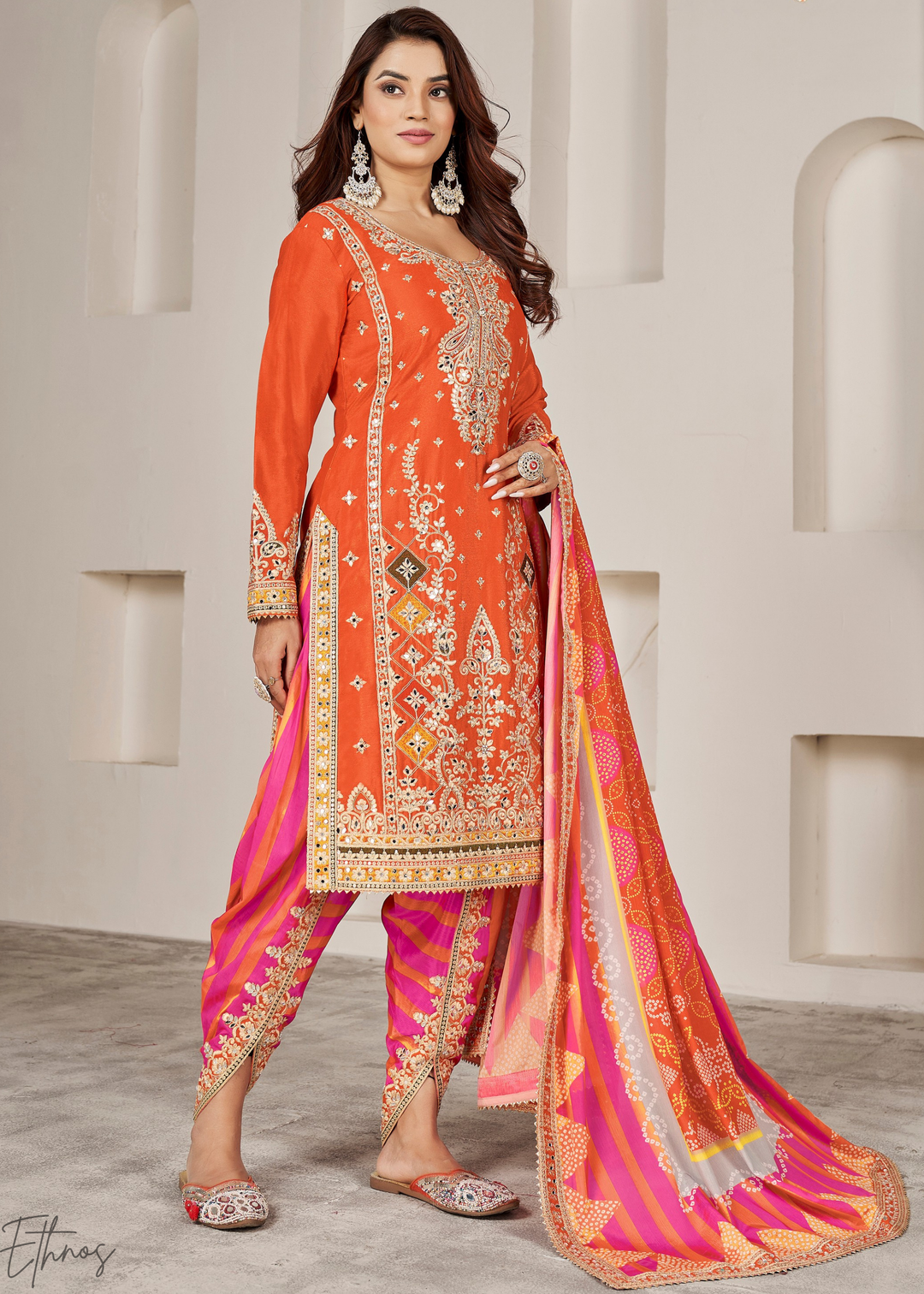 Orange & Pink Glaze Printed Chinon Dhoti Suit