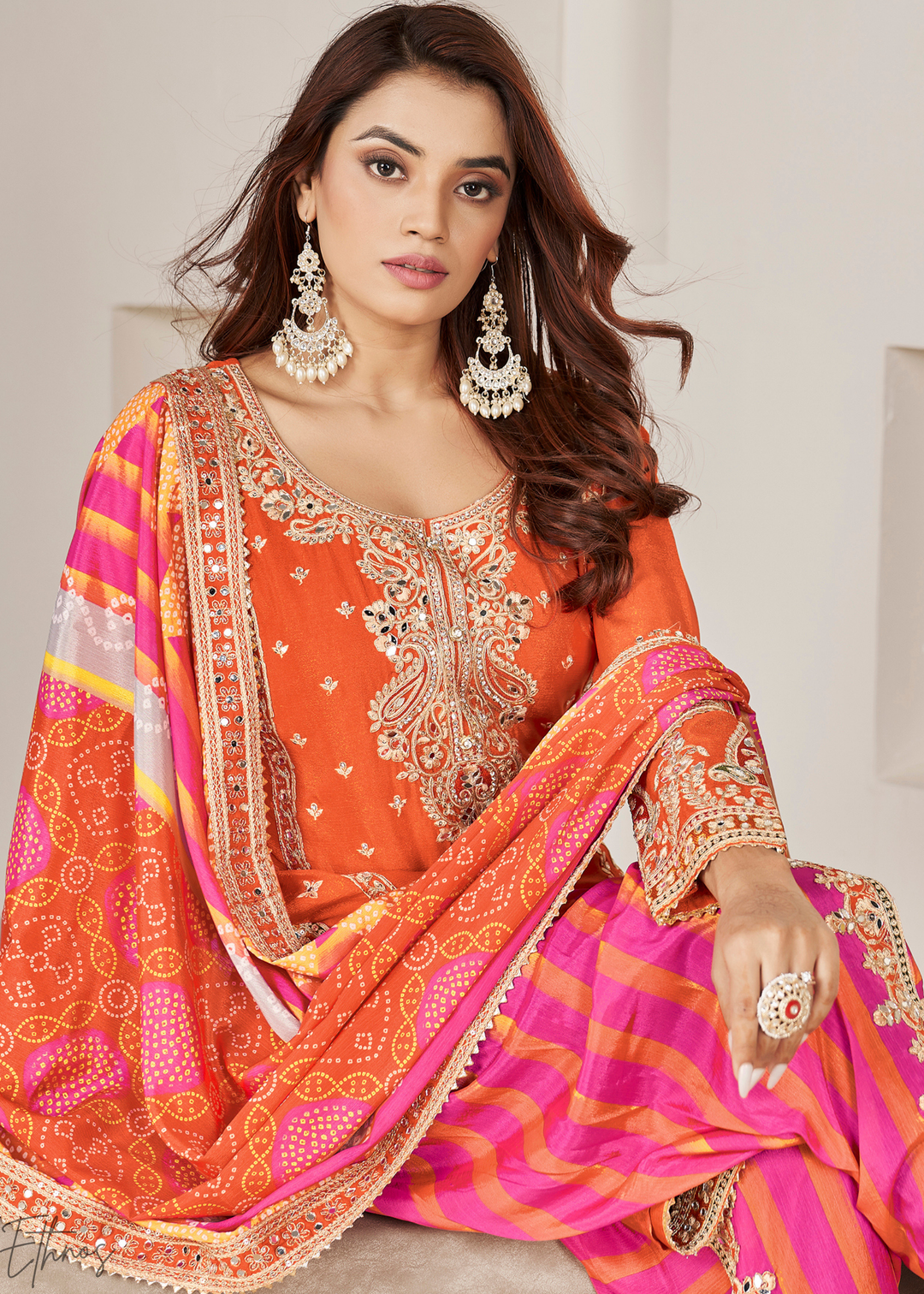 Orange & Pink Glaze Printed Chinon Dhoti Suit