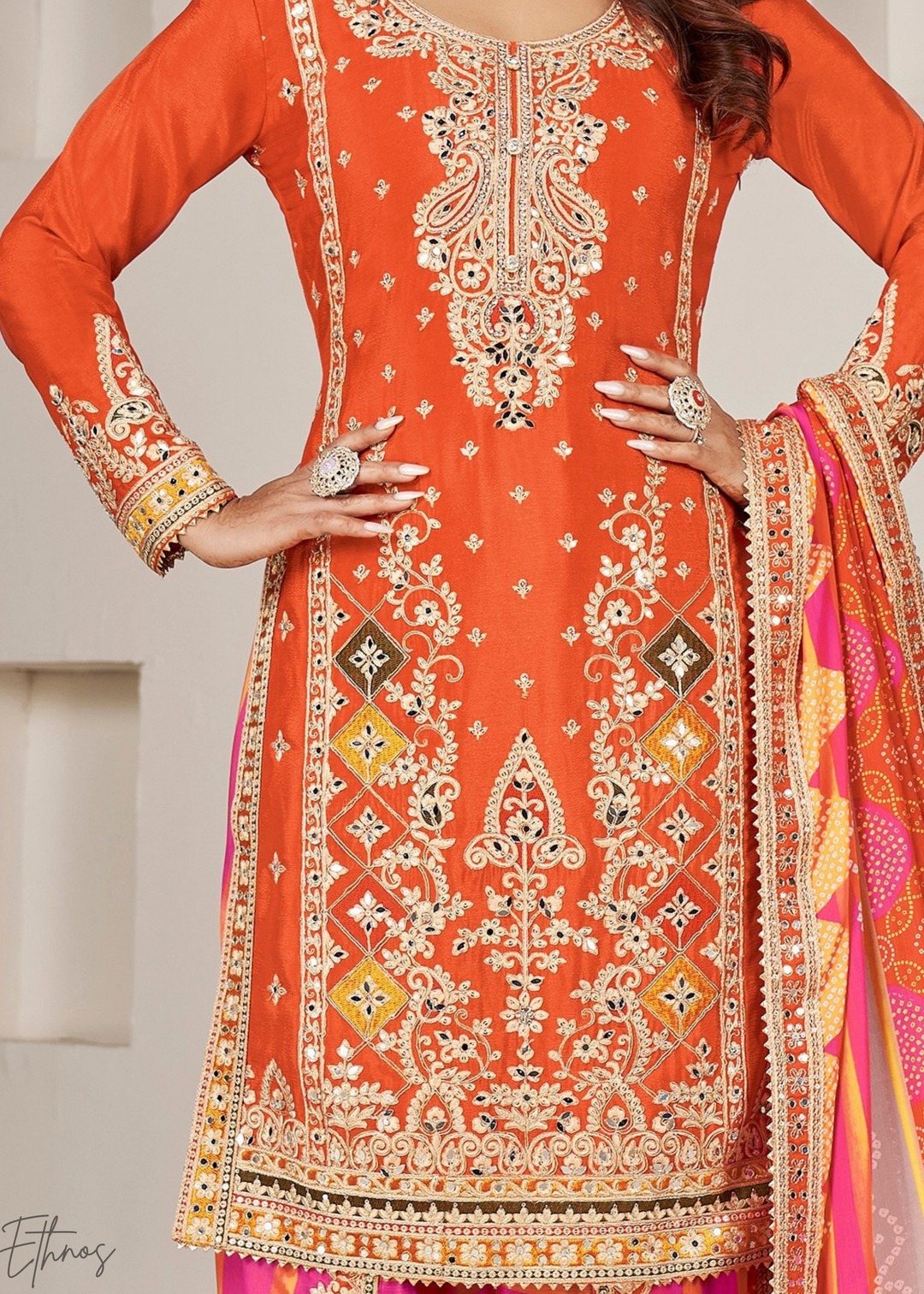 Orange & Pink Glaze Printed Chinon Dhoti Suit